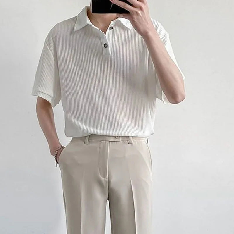 Camiseta polo clásica de color liso con botones estilo coreano