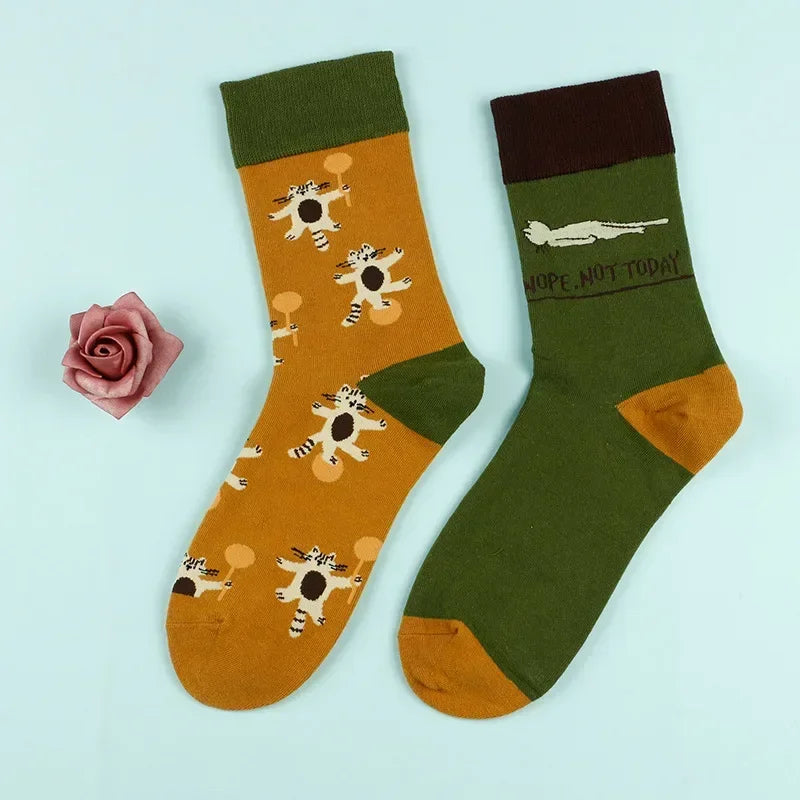 Floral Cartoon Asymmetric Compression School Socks