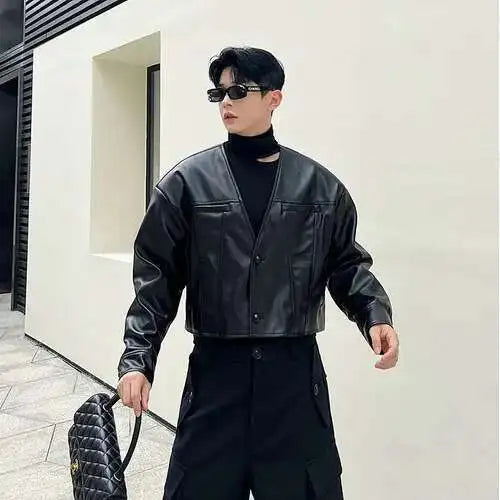 Stylish Trendy Collarless Moto Leather Jacket