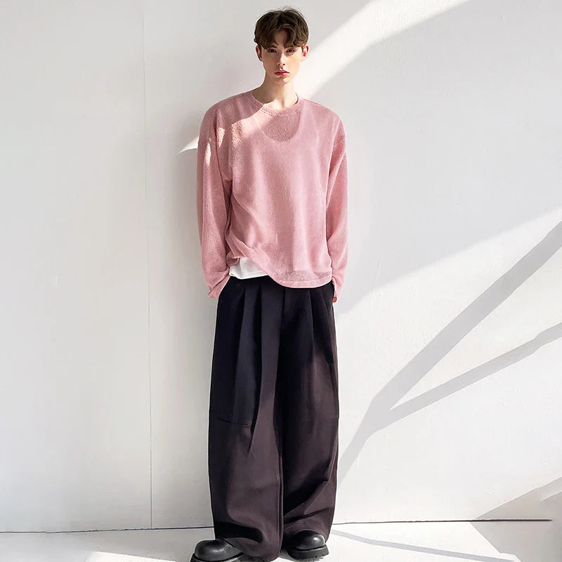 Camiseta de punto con cuello redondo, elegante y elegante, de color rosa