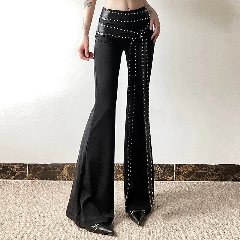 Women Solid High Waist Flare Leather Pants