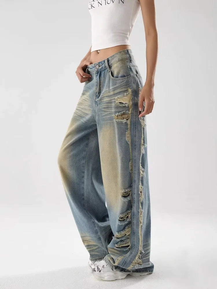 Vintage Distressed Blue Stacked Wide Jeans