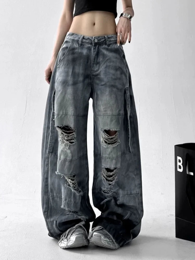Cyber Grunge Washed White Baggy Jeans