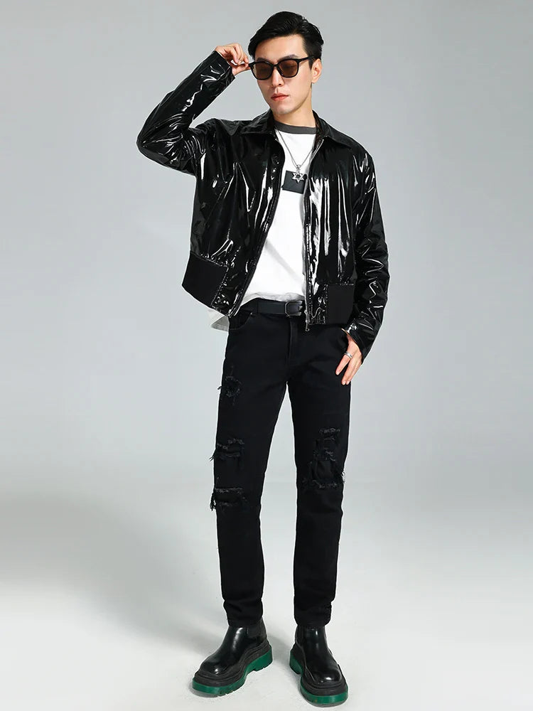 Black Shiny Reflective Patent PU Leather Jacket