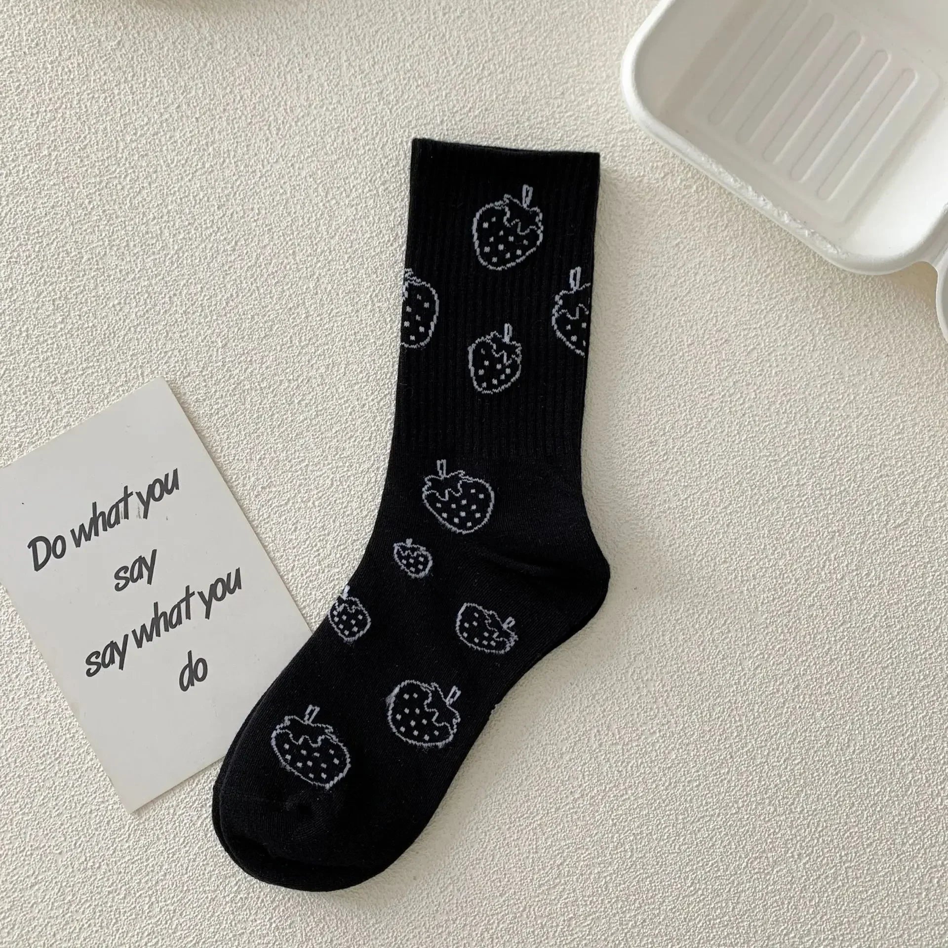 Stylish Black White Strawberry Long Socks