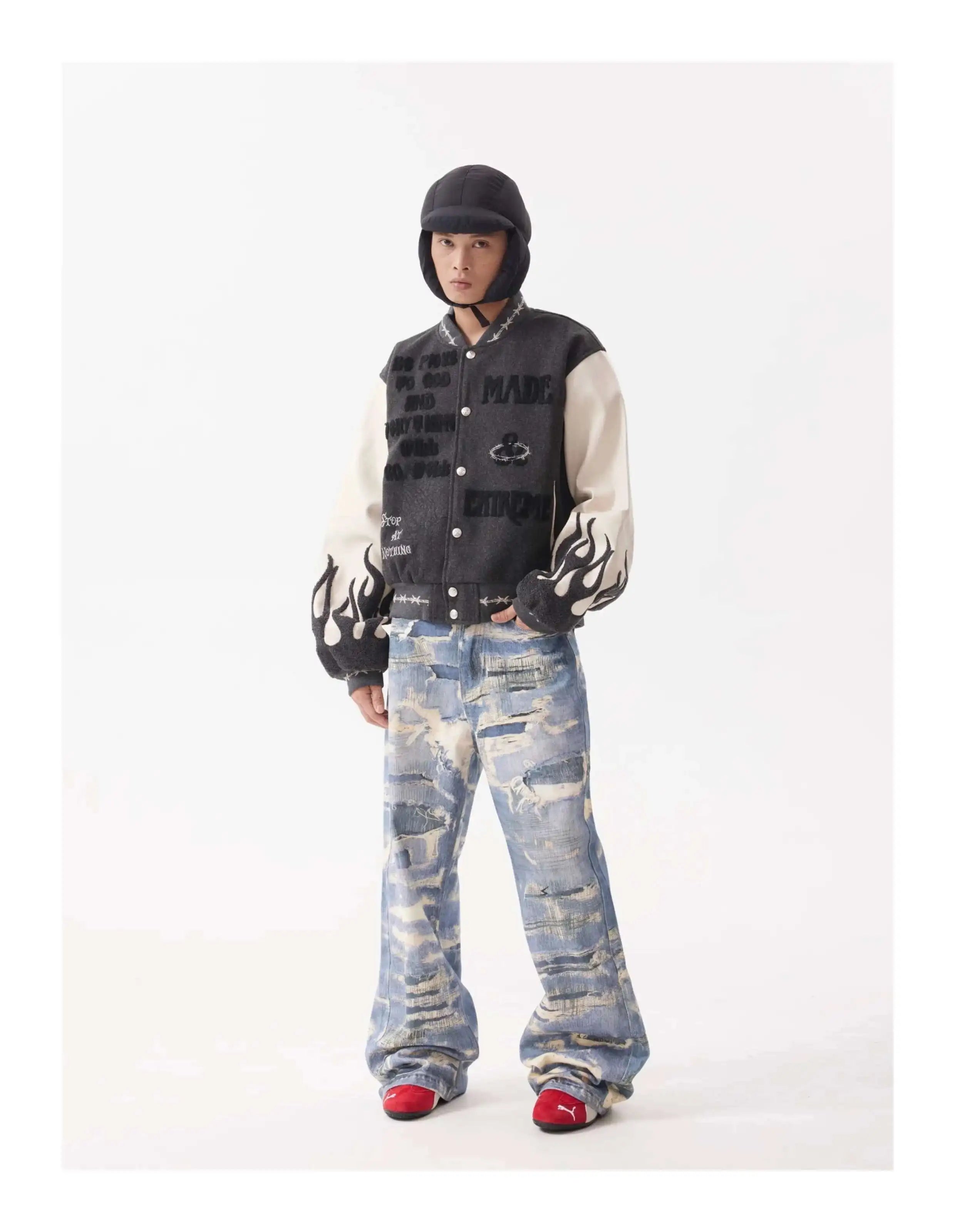 Flame Mixed Knit Embroidery Colorblock Jacket