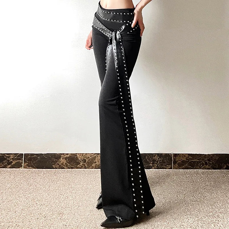 Women Solid High Waist Flare Leather Pants