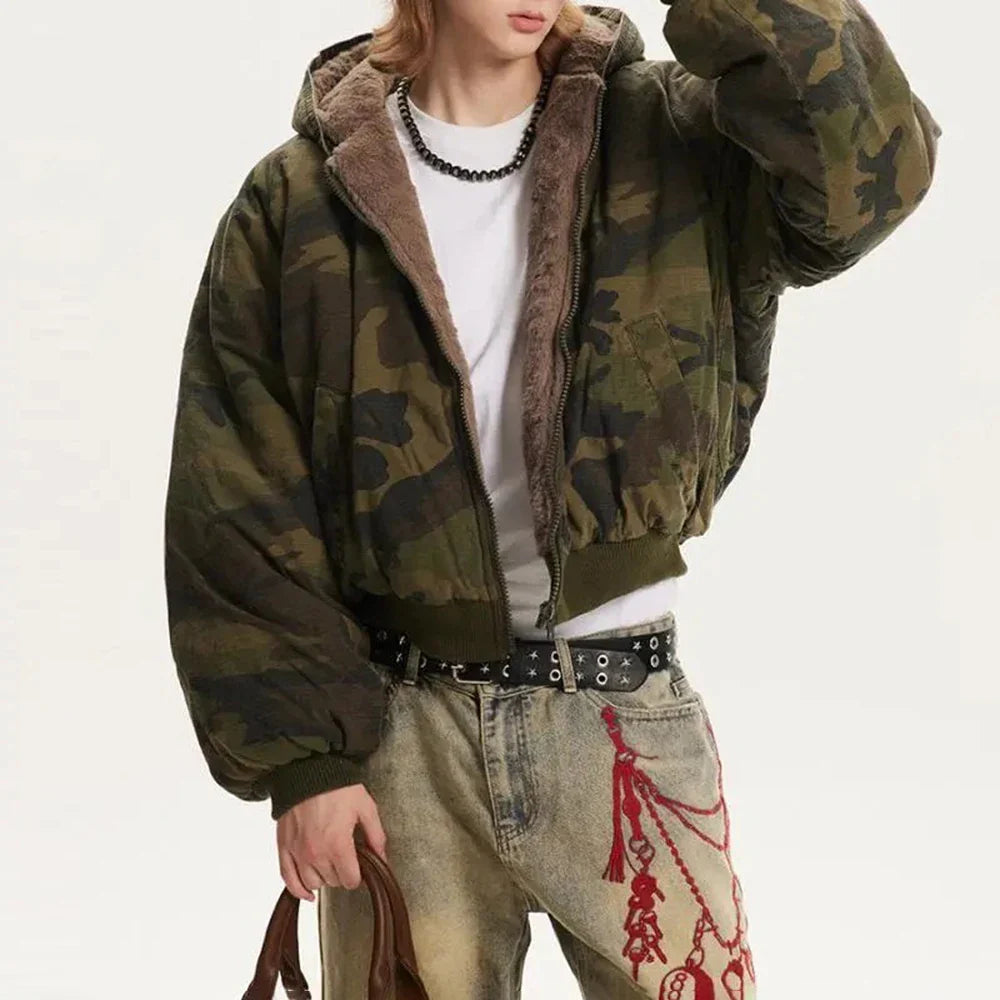 Men Camouflage Thickened Retro Hooded Winter Jacket
