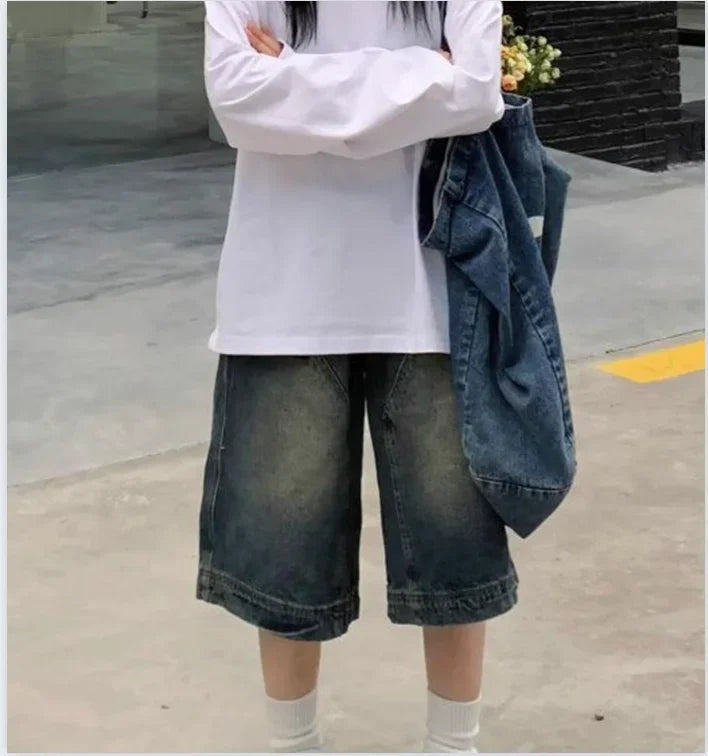 Vintage Washed Wide Leg Denim Short