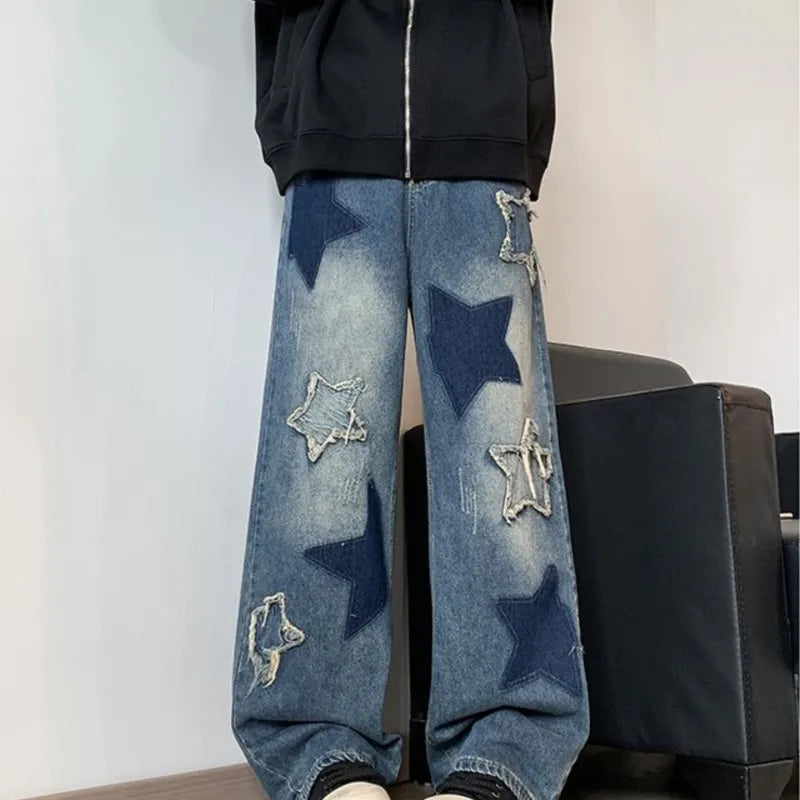 Embroidered Star Patchwork Wide Leg Jeans