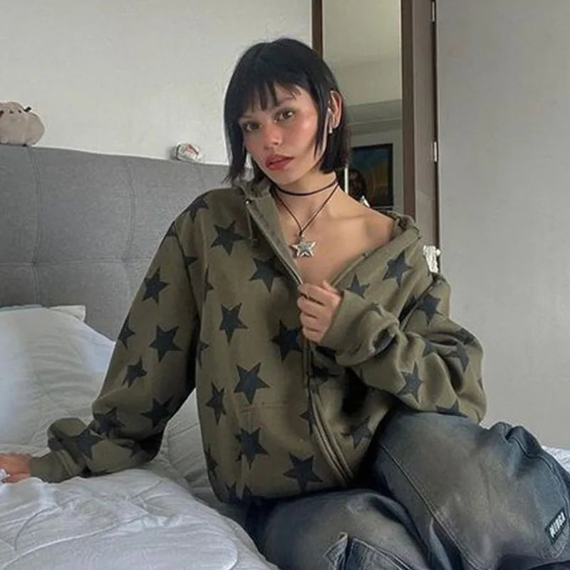 Gothic Stars Print Zip Up Sweatshirt