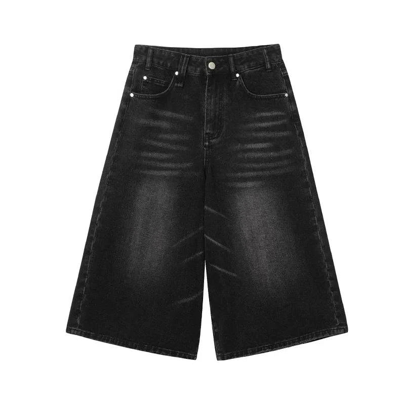 Men Black Wide Leg Cleanfit Denim Jorts