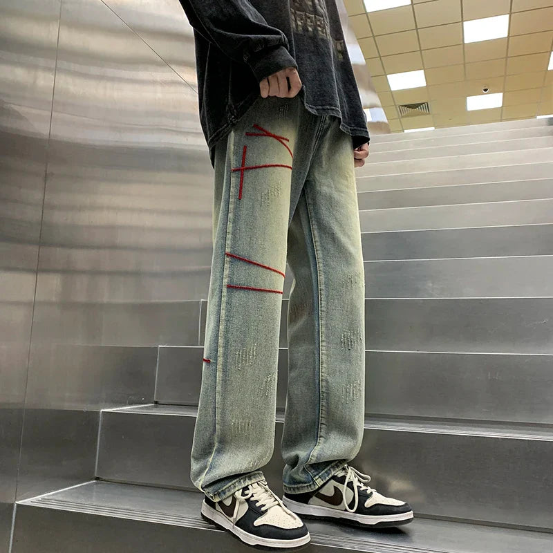 Baggy Straight Vintage Embroidered Wide Jeans