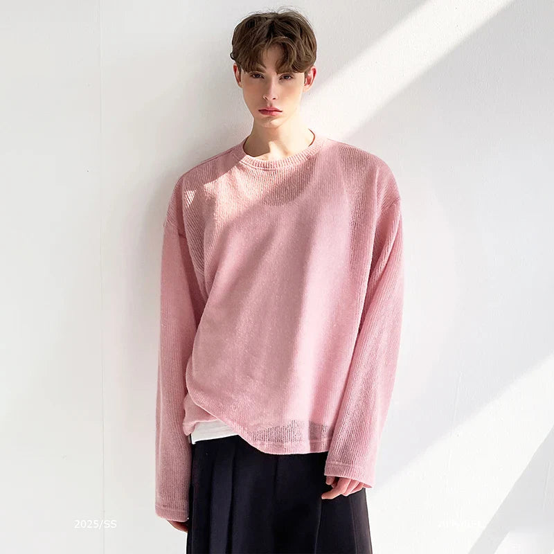Camiseta de punto con cuello redondo, elegante y elegante, de color rosa