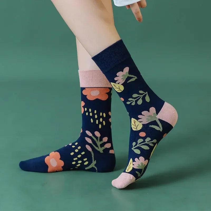 Floral Cartoon Asymmetric Compression School Socks