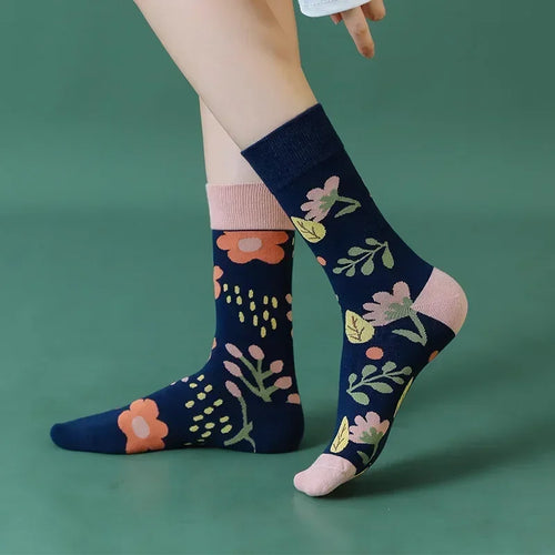 Floral Cartoon Asymmetric Compression School Socks - 03 / 36-43