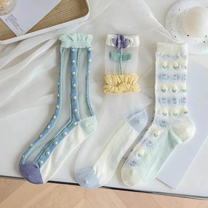 Retro Transparent Crystal Silk Crew School Socks