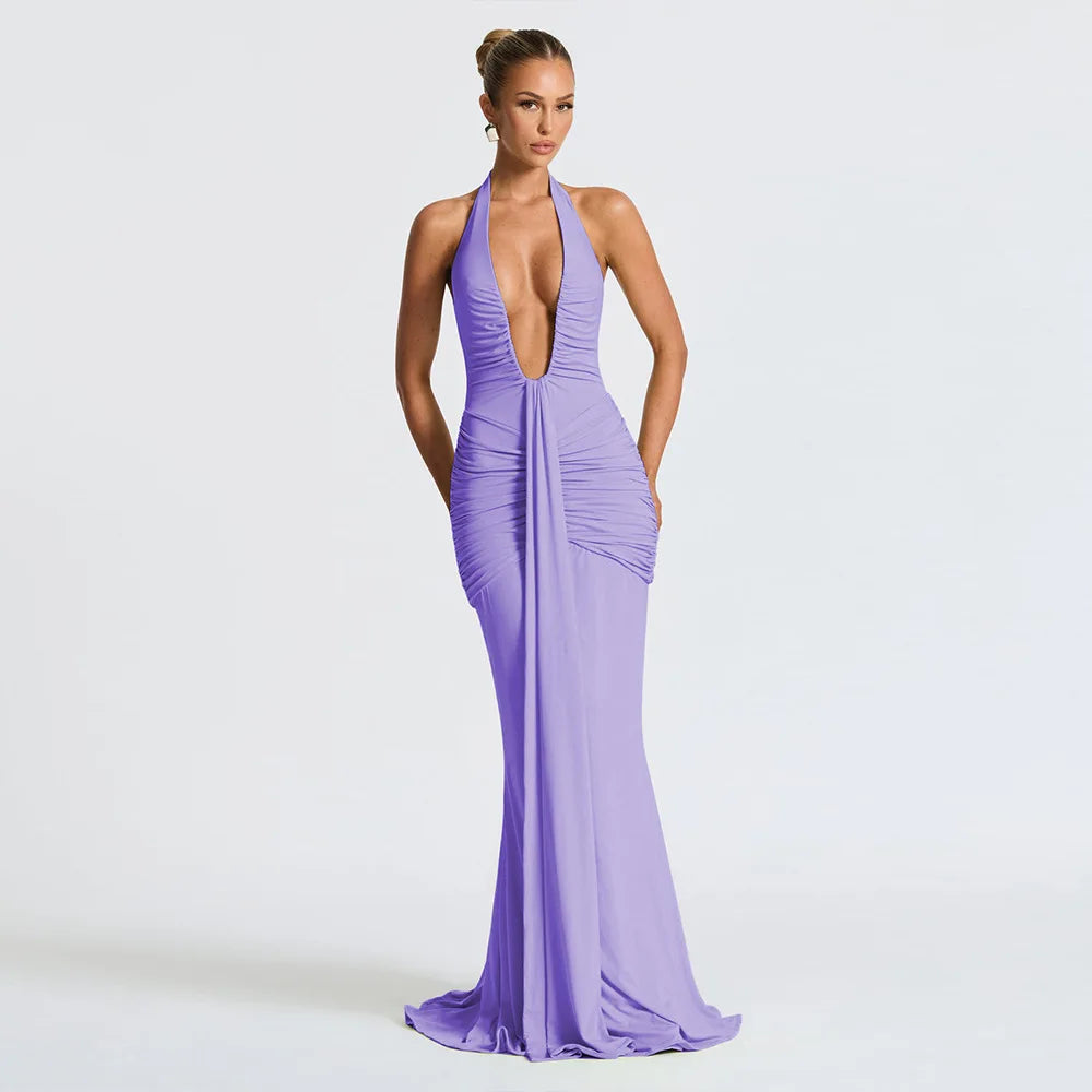 Ruched Deep Plunge Maxi Dress