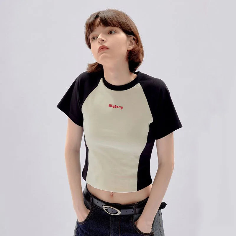 Streetwear Retro Vintage Korean Style Slim Patchwork T-Shirt
