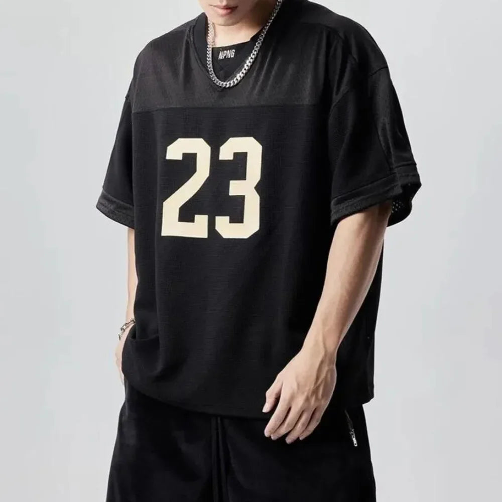 Sporty American Style Print Jersey Mesh T-Shirt