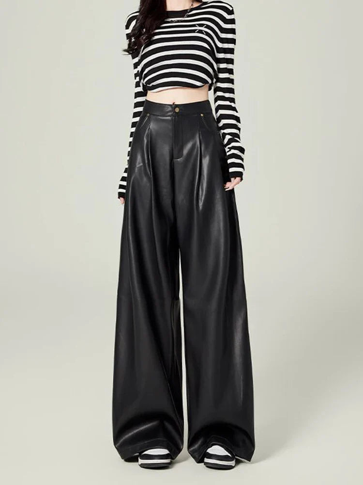 Stylish High Waist Drape Leather Pants