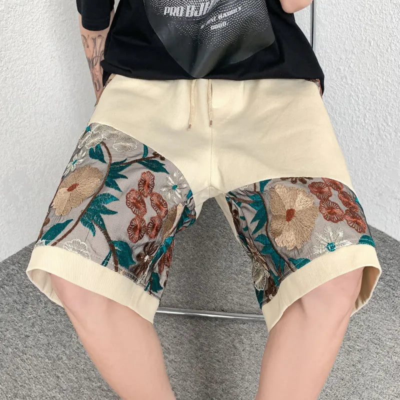 Pantaloncini da streetwear giapponese con ricami floreali