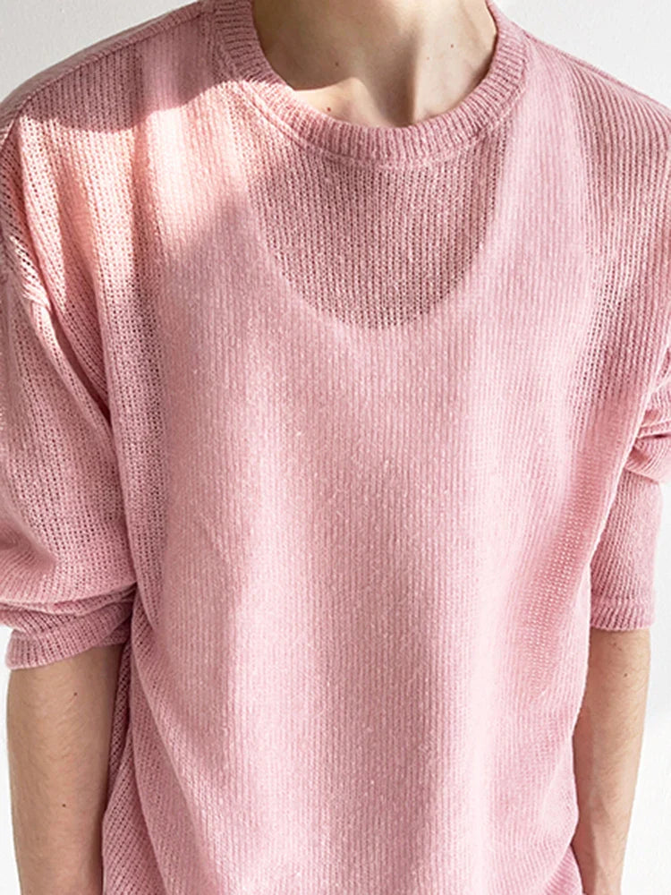 Camiseta de punto con cuello redondo, elegante y elegante, de color rosa