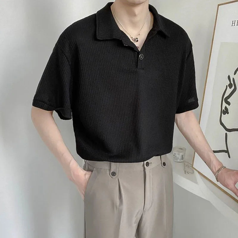 Camiseta polo clásica de color liso con botones estilo coreano