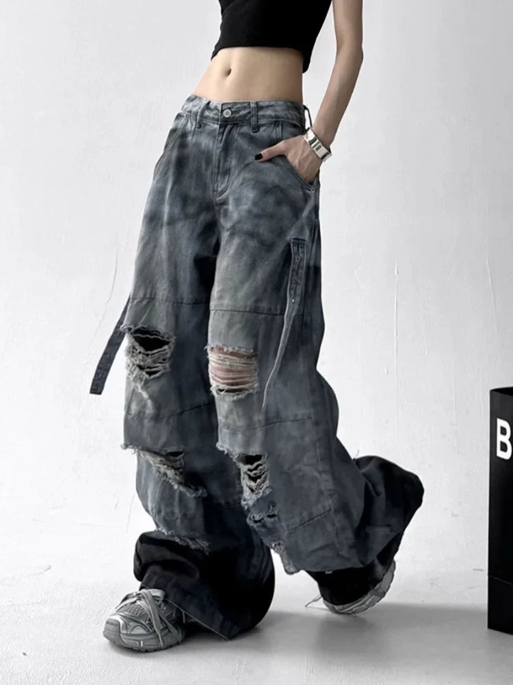 Cyber Grunge Washed White Baggy Jeans