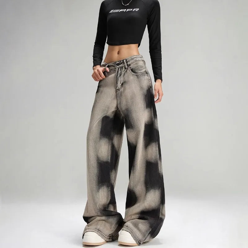 Women Vintage Grey Tie Dye Baggy Jeans