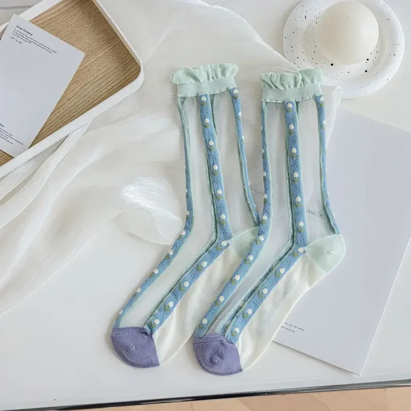 Retro Transparent Crystal Silk Crew School Socks