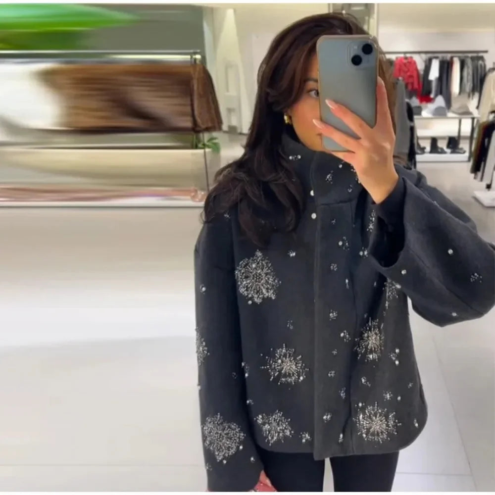 Relaxed Diamond Spliced Loose Stand Neck Jacket