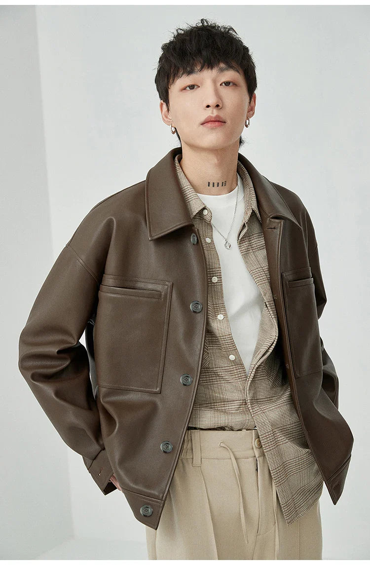 Brown And Black Oversized Faux Leather Jacket