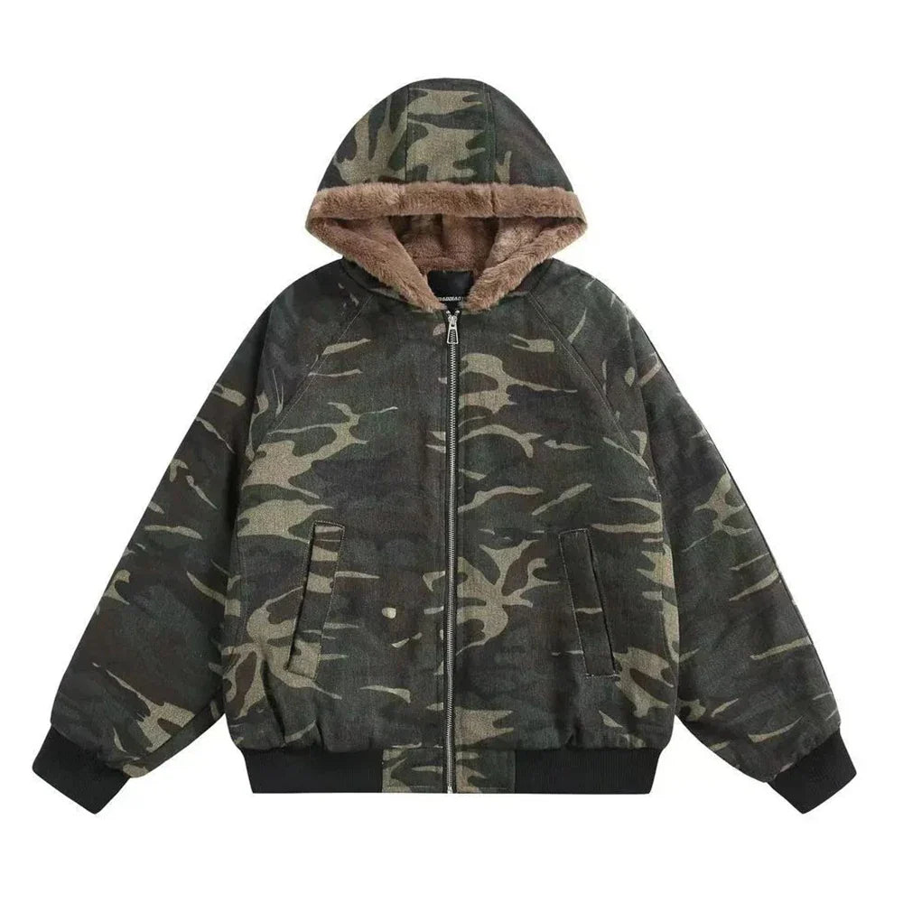 Men Camouflage Thickened Retro Hooded Winter Jacket