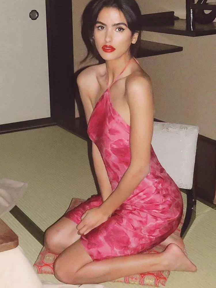 Rose Halter Lace Up Midi Dress
