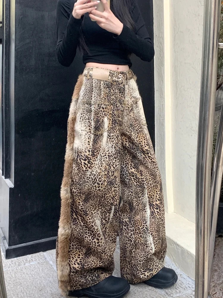 Leopard Patchwork Baggy Vintage Wide Jeans