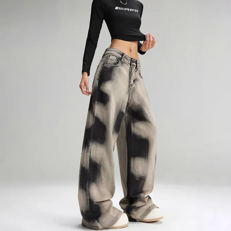 Women Vintage Grey Tie Dye Baggy Jeans