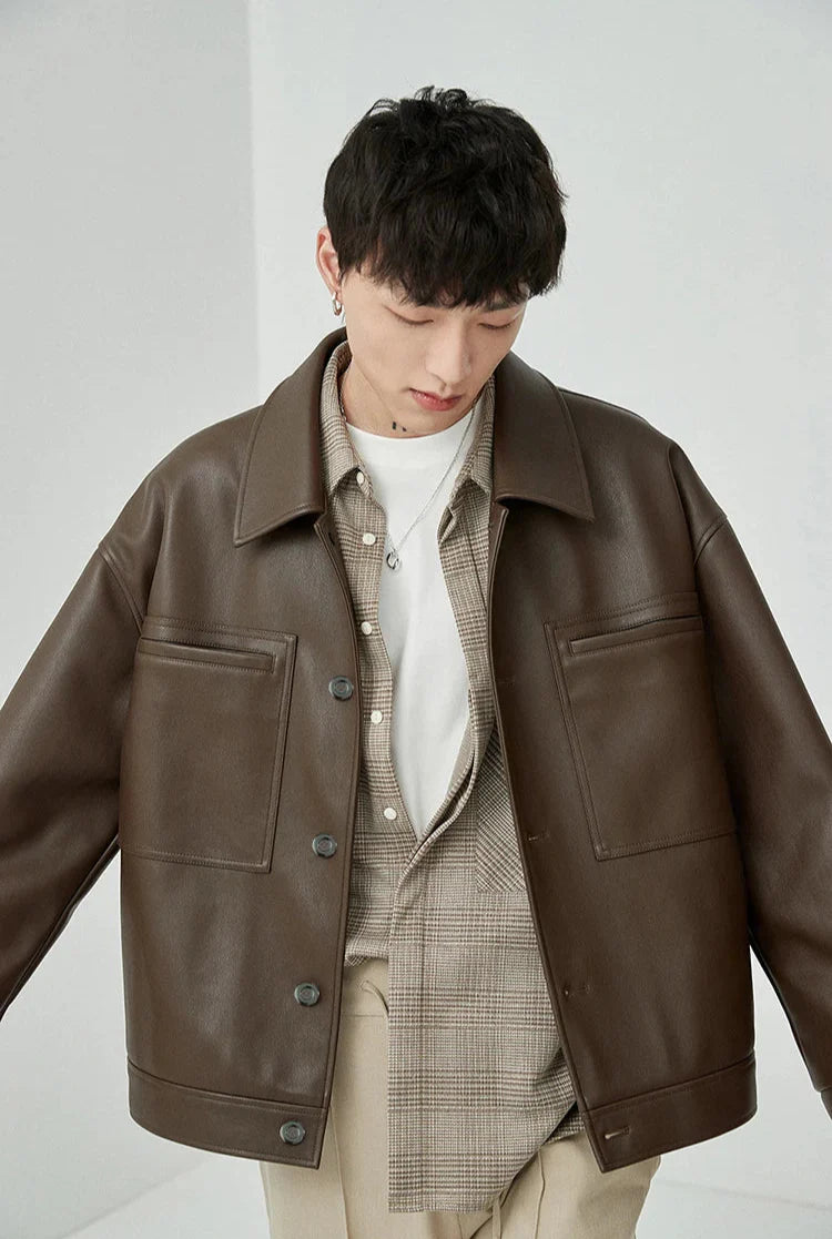 Brown And Black Oversized Faux Leather Jacket