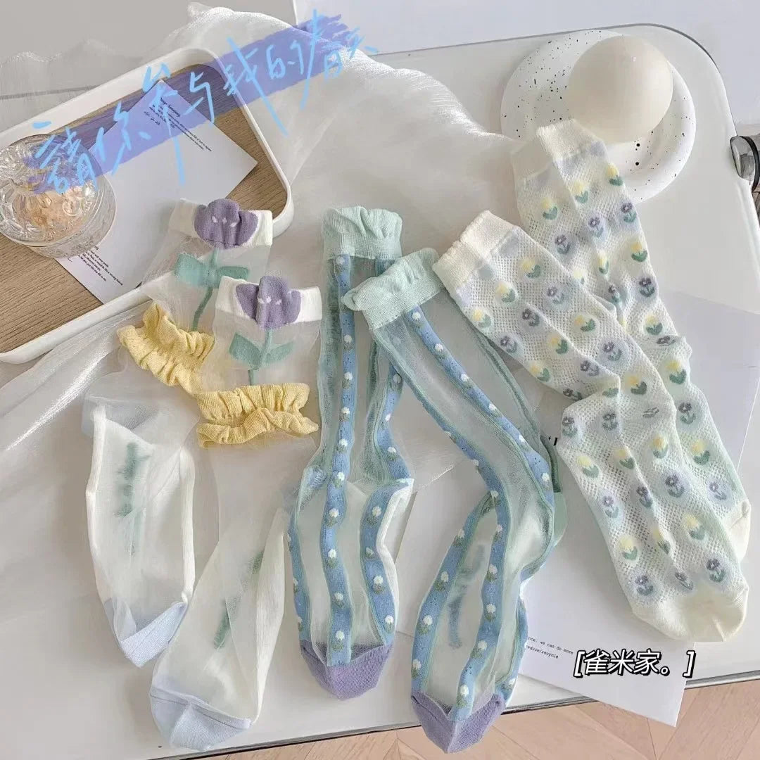 Retro Transparent Crystal Silk Crew School Socks