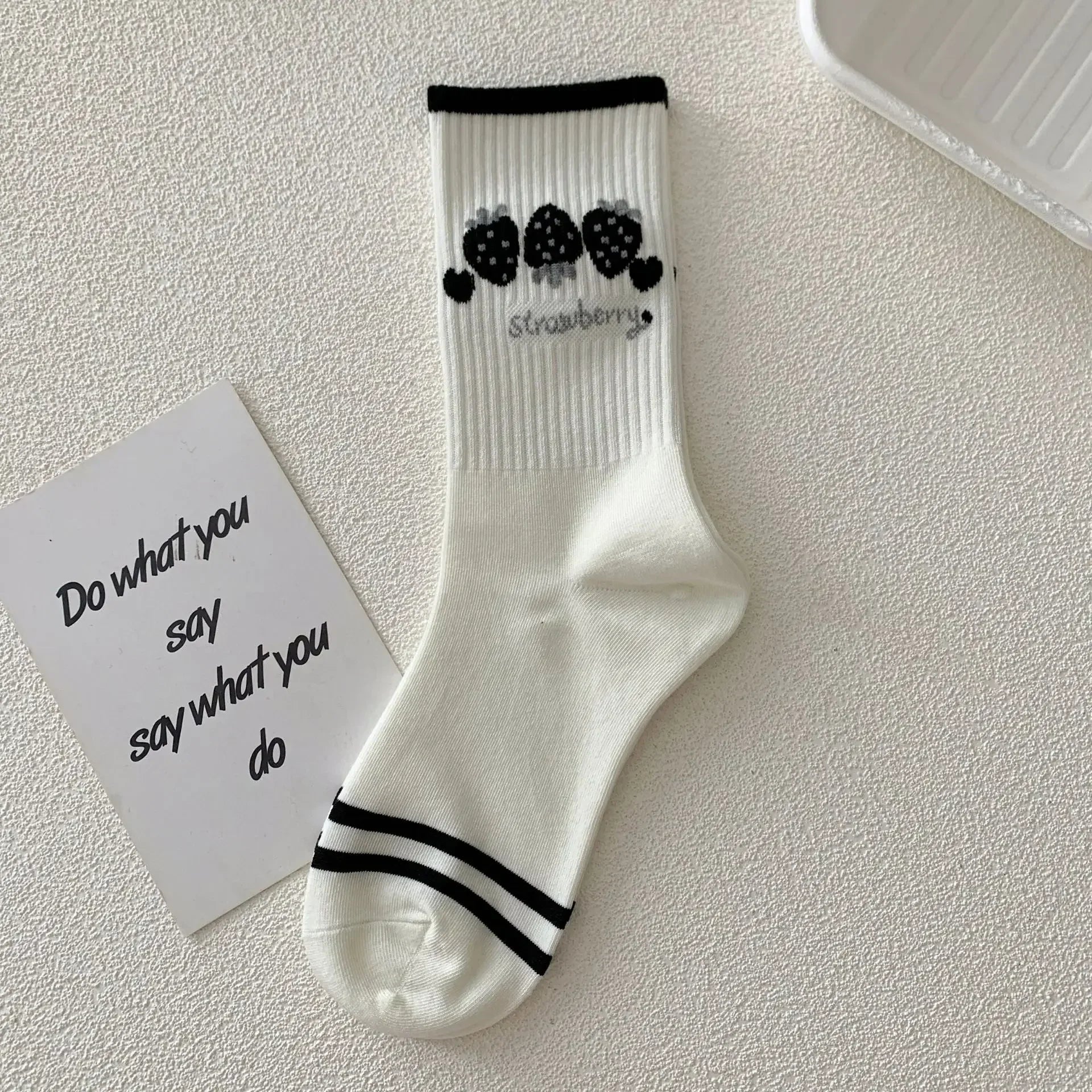 Stylish Black White Strawberry Long Socks