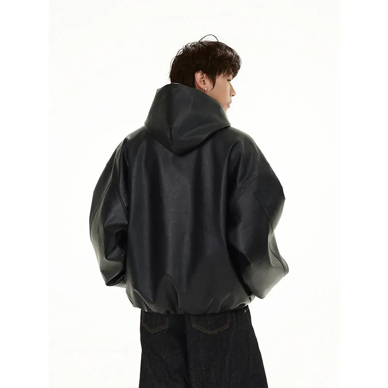 Classic Vintage Bomber Hooded PU Leather Jacket