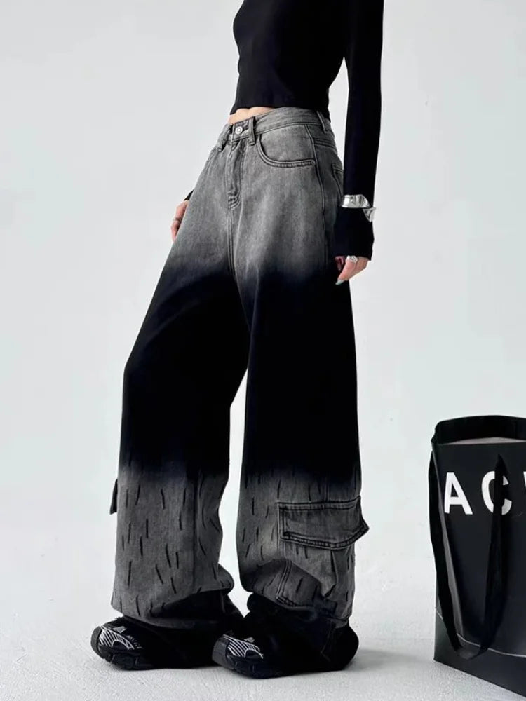 Vintage Black Grey Baggy Wide Jeans