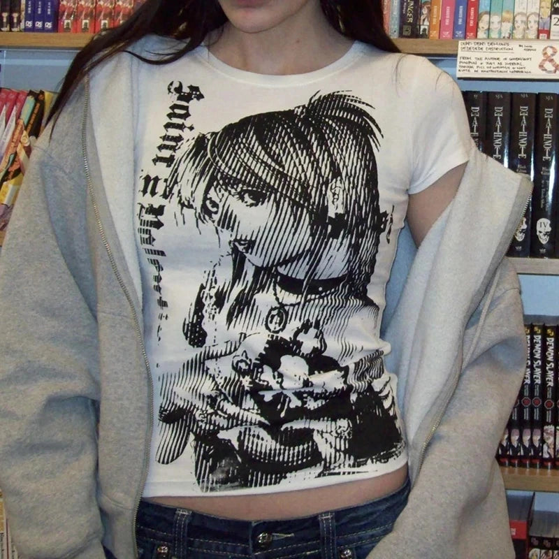 Camiseta de cuello redondo de los años 90 con estampado de anime Y2k