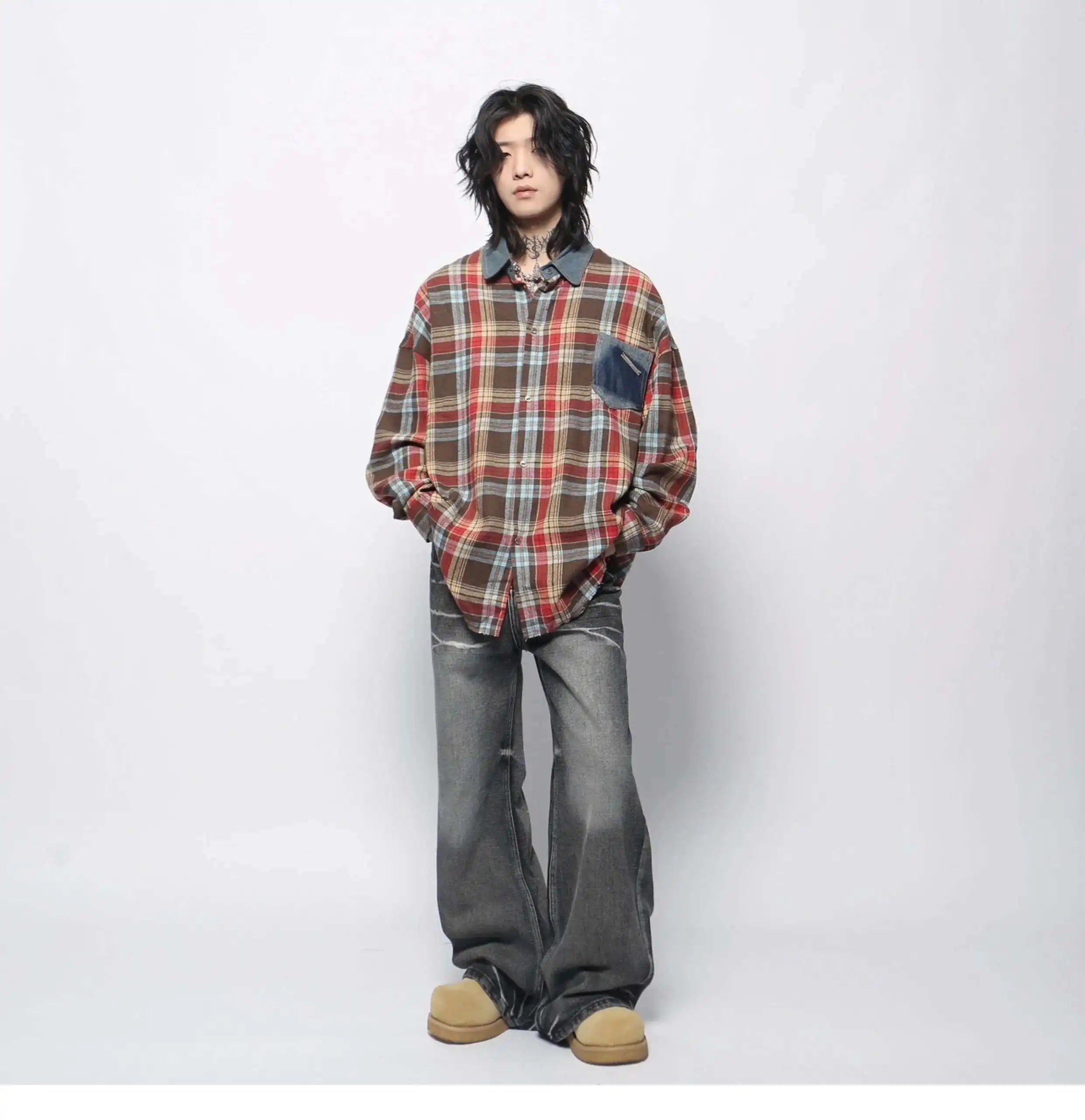 Fashionable Vintage Plaid Frayed Edge Long Sleeve Shirt