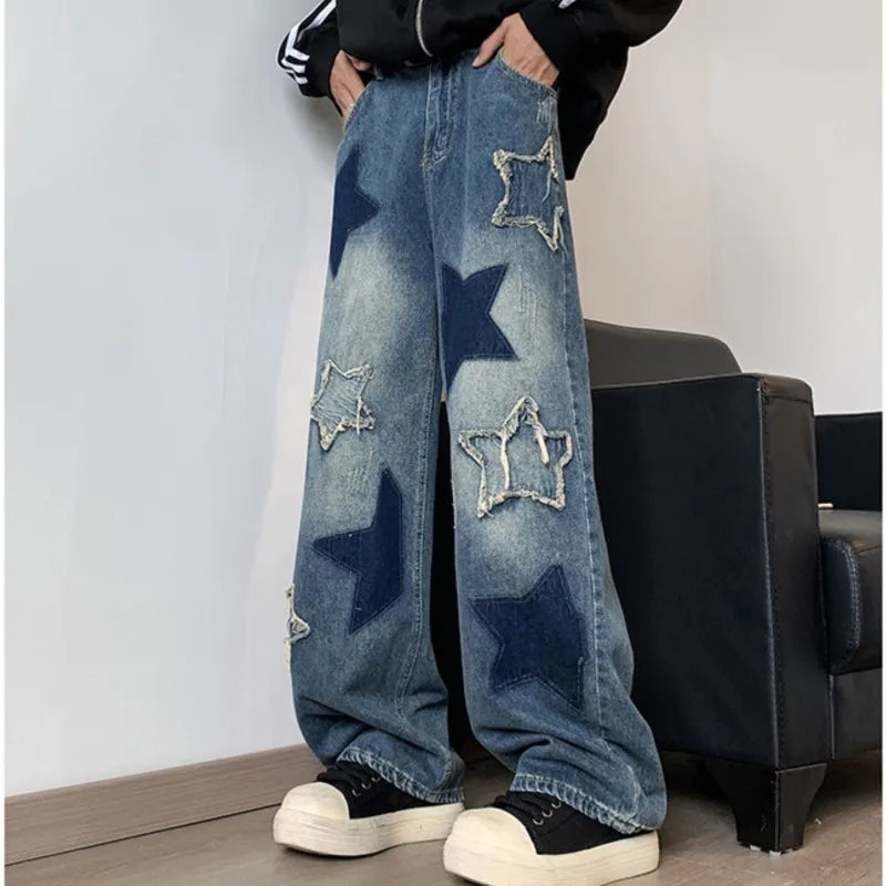 Embroidered Star Patchwork Wide Leg Jeans