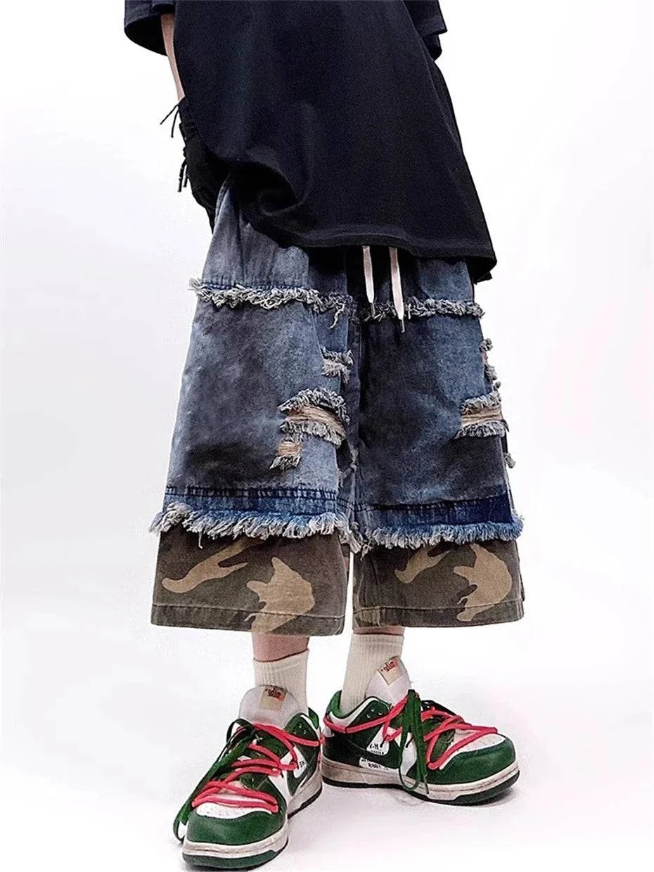 Retro Camouflage Splicing Denim Jorts