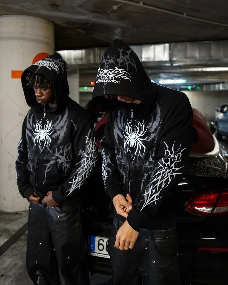 Spider Design Retro Punk Zipper Sweatshirt