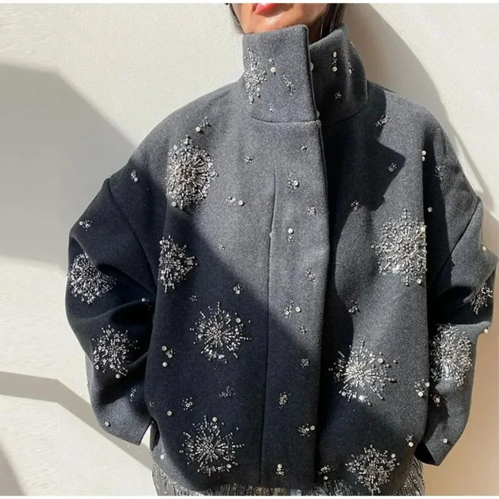 Relaxed Diamond Spliced Loose Stand Neck Jacket