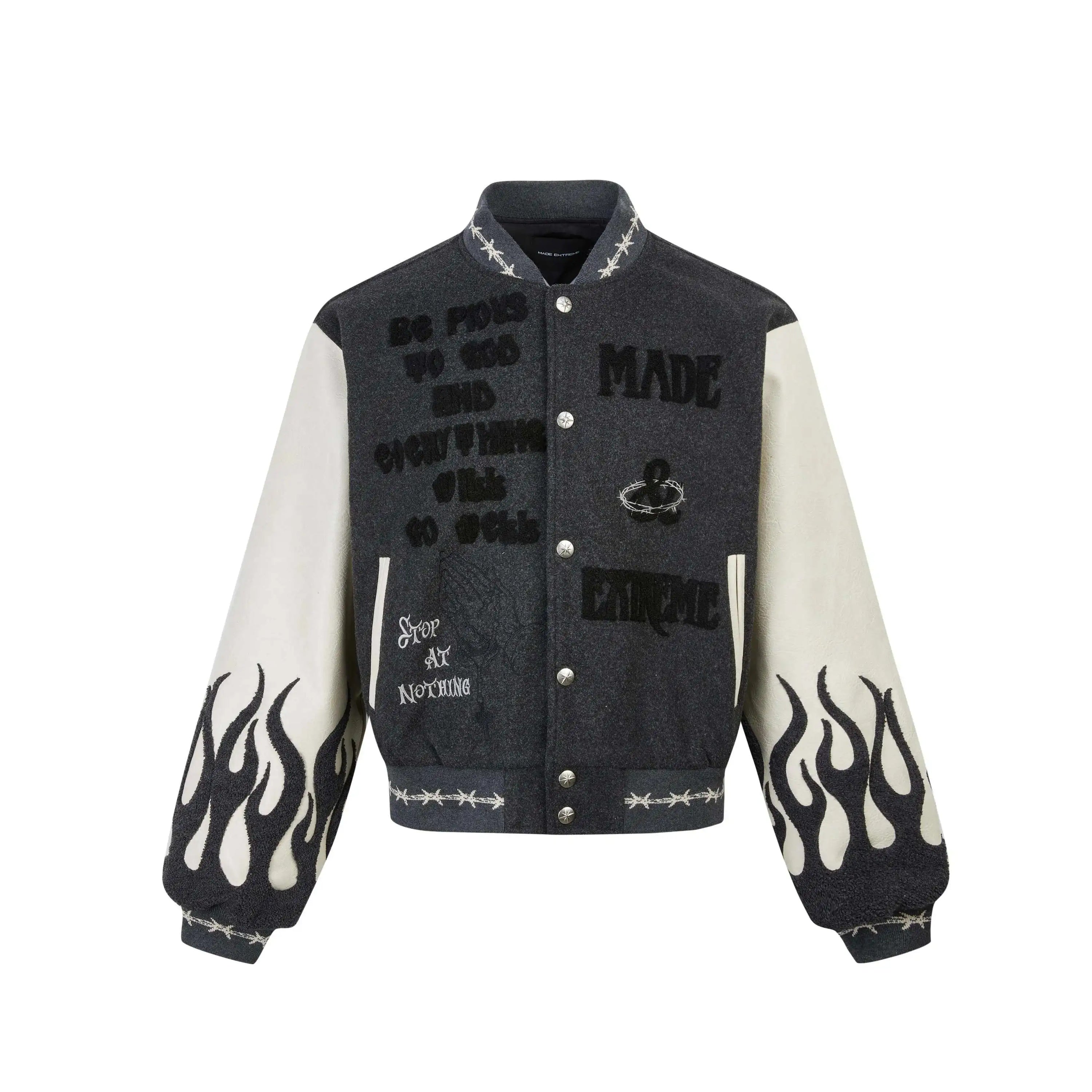 Flame Mixed Knit Embroidery Colorblock Jacket