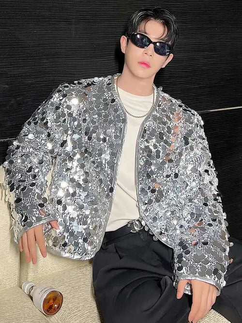 Trendy Stylish Sequin Splicing Street Jacket - Silver / XL